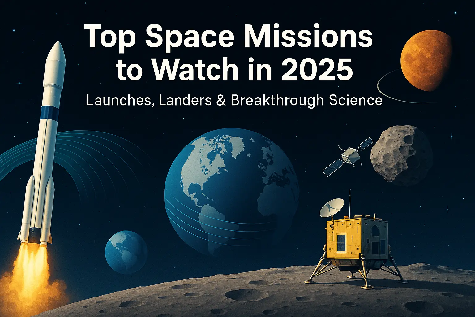 Collage of 2025 space missions—New Glenn launch, lunar lander on surface, Earth radar swath (NISAR), asteroid probe (Tianwen‑2), and Mercury flyby (BepiColombo)—with title: “Top Space Missions to Watch in 2025”